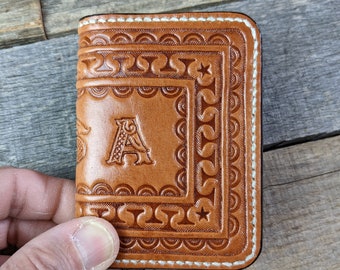 Tooled Leather Mini Bifold Wallet for Cards ID with USA Western Border Design