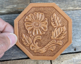 Hand Tooled Leather Coffee Coaster with Western Floral Design