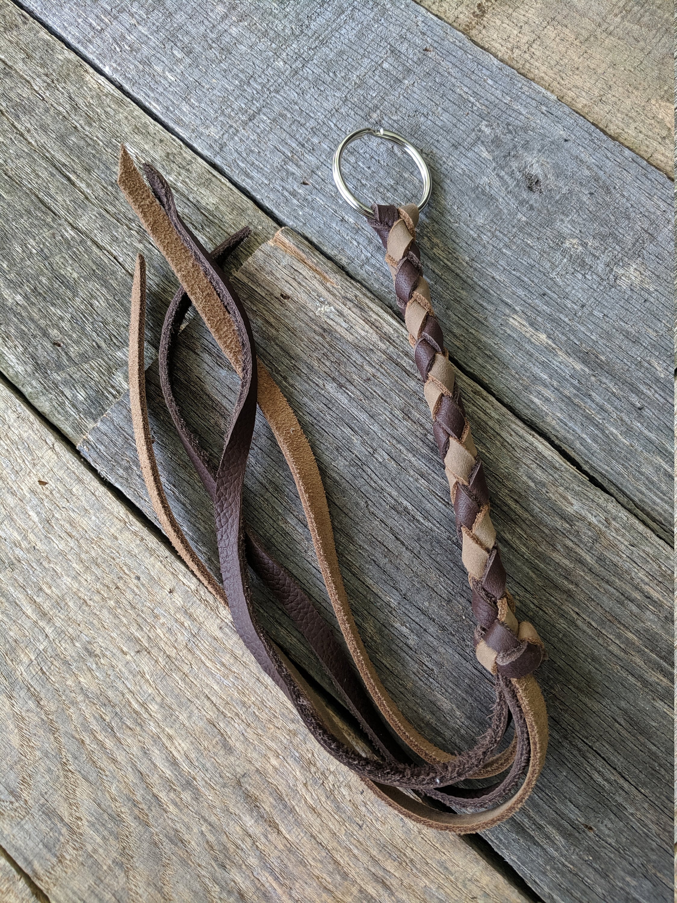 Long Brown and Tan Braided Leather Keychain Round Braid with Turk's Head Knot Key Fob