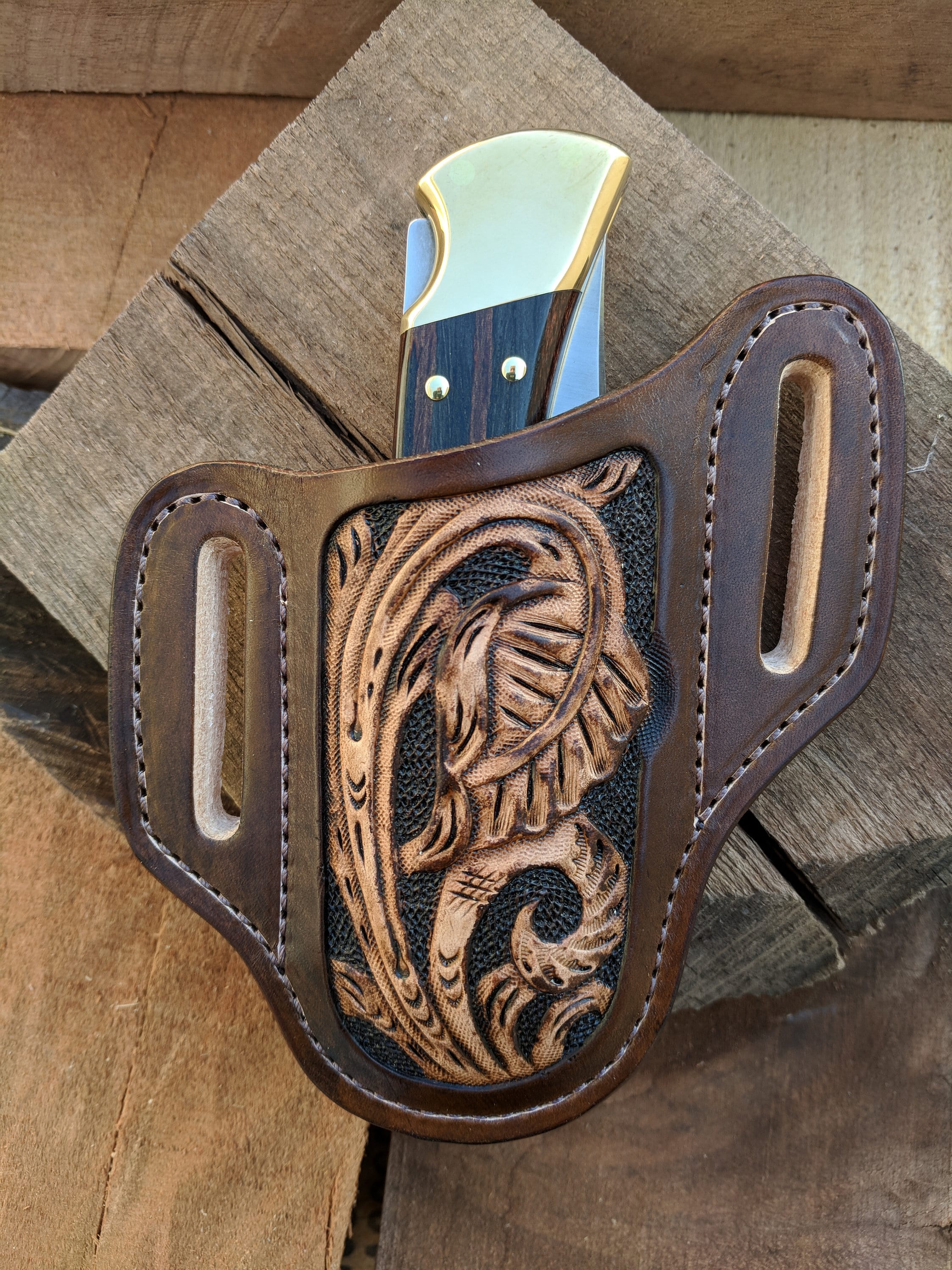 Hand Tooled Leather Knife Sheath with Western Leaf Design for Buck 110
