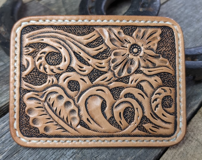 Featured listing image: Hand Tooled Leather Front Pocket Wallet with Western Flower Art, Slim Wallet, Mens Leather Wallet