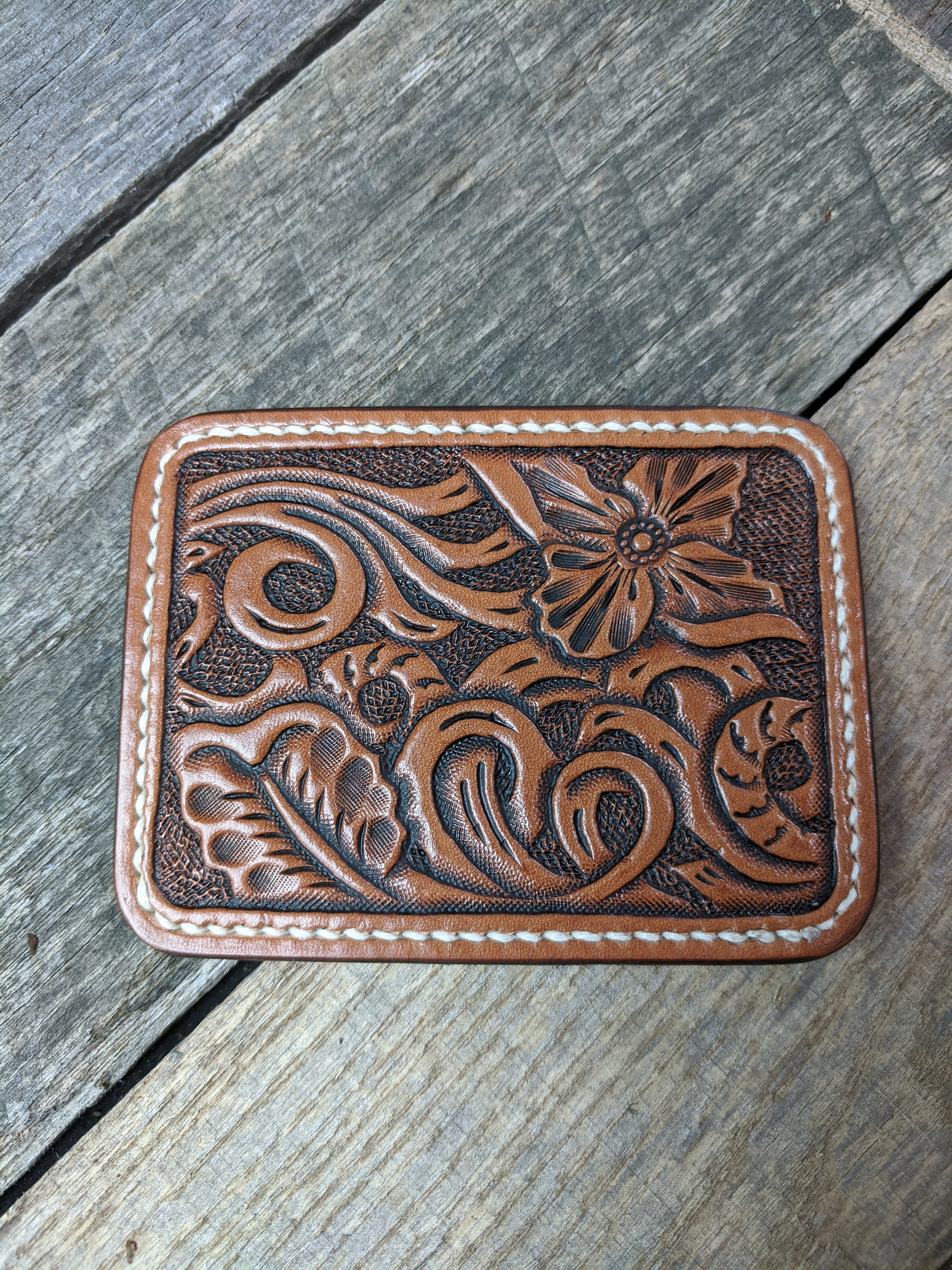 Hand Tooled Leather Front Pocket Wallet with Western Flower Art, Slim ...
