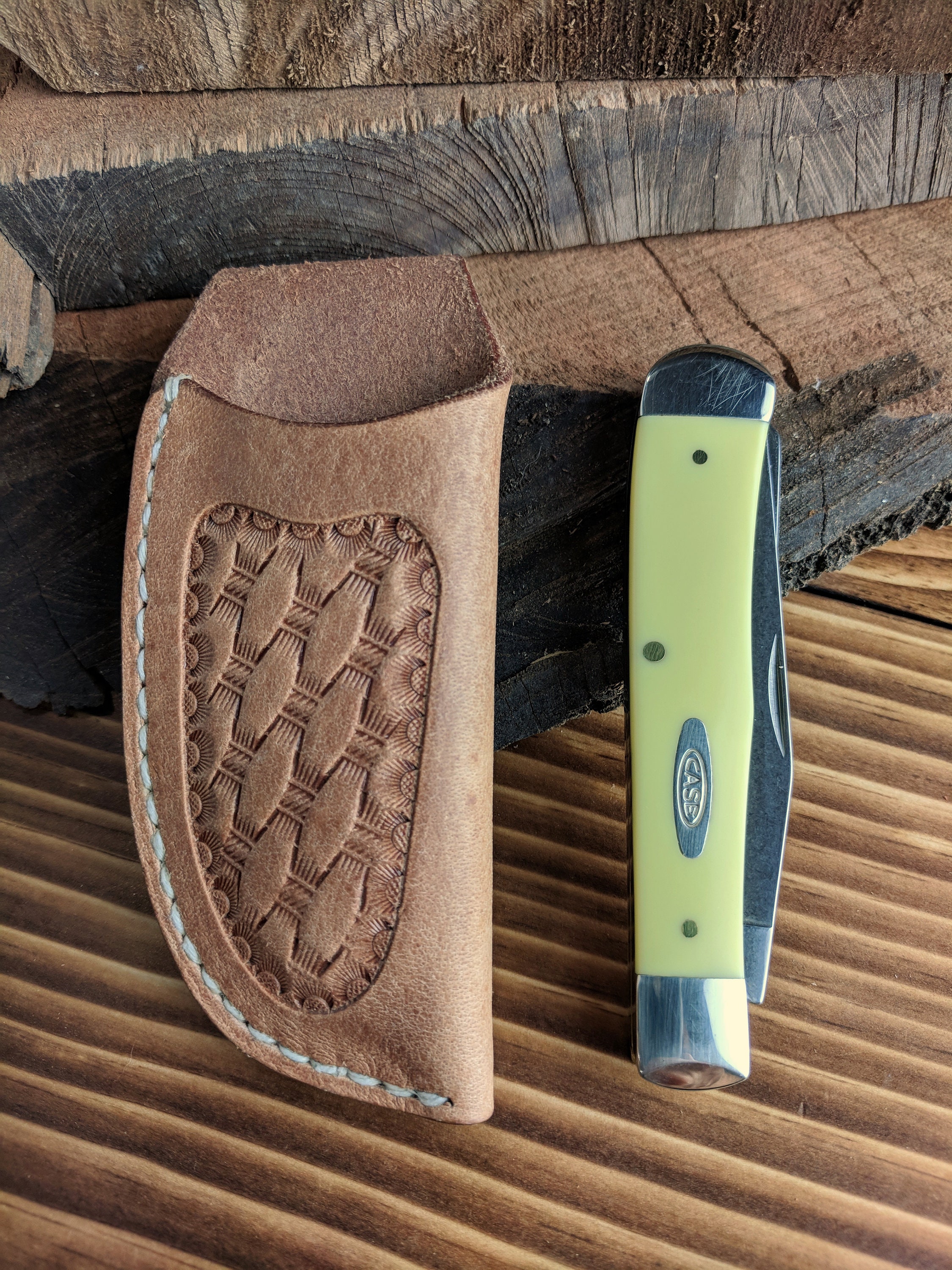 Hand Tooled Leather Knife Sheath for Case Trapper Knife Natural Oil Finish