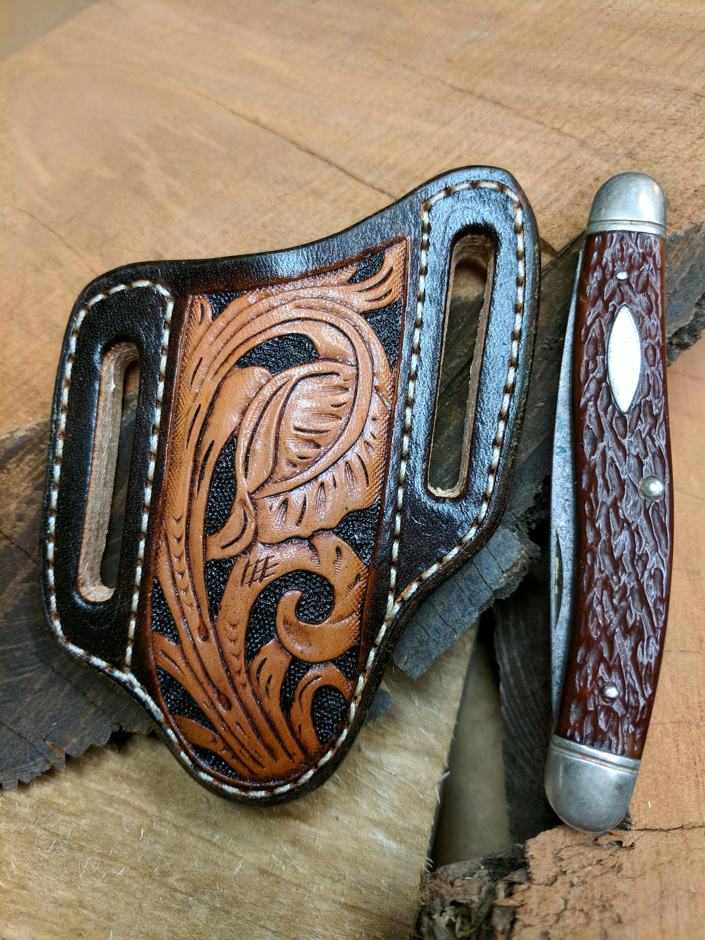 Hand Tooled Leather Knife Sheath with Western Leaf Art and Buffalo Stamp for Pocket Knife