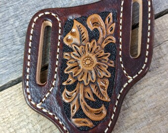 Tooled Leather Knife Sheath with Western Flower Design for Trapper Style Folding Pocket Knife