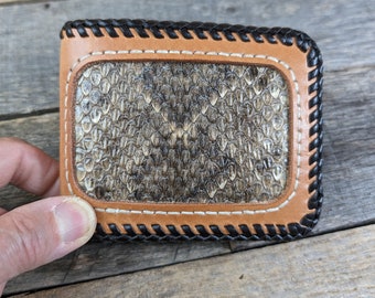 Leather Bifold Wallet with Rattlesnake Skin Inlays and Laced Edges Mens Wallet