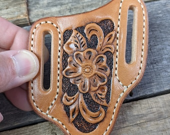 Tooled Leather Knife Sheath with Western Flower Design for Trapper Style Folding Pocket Knife