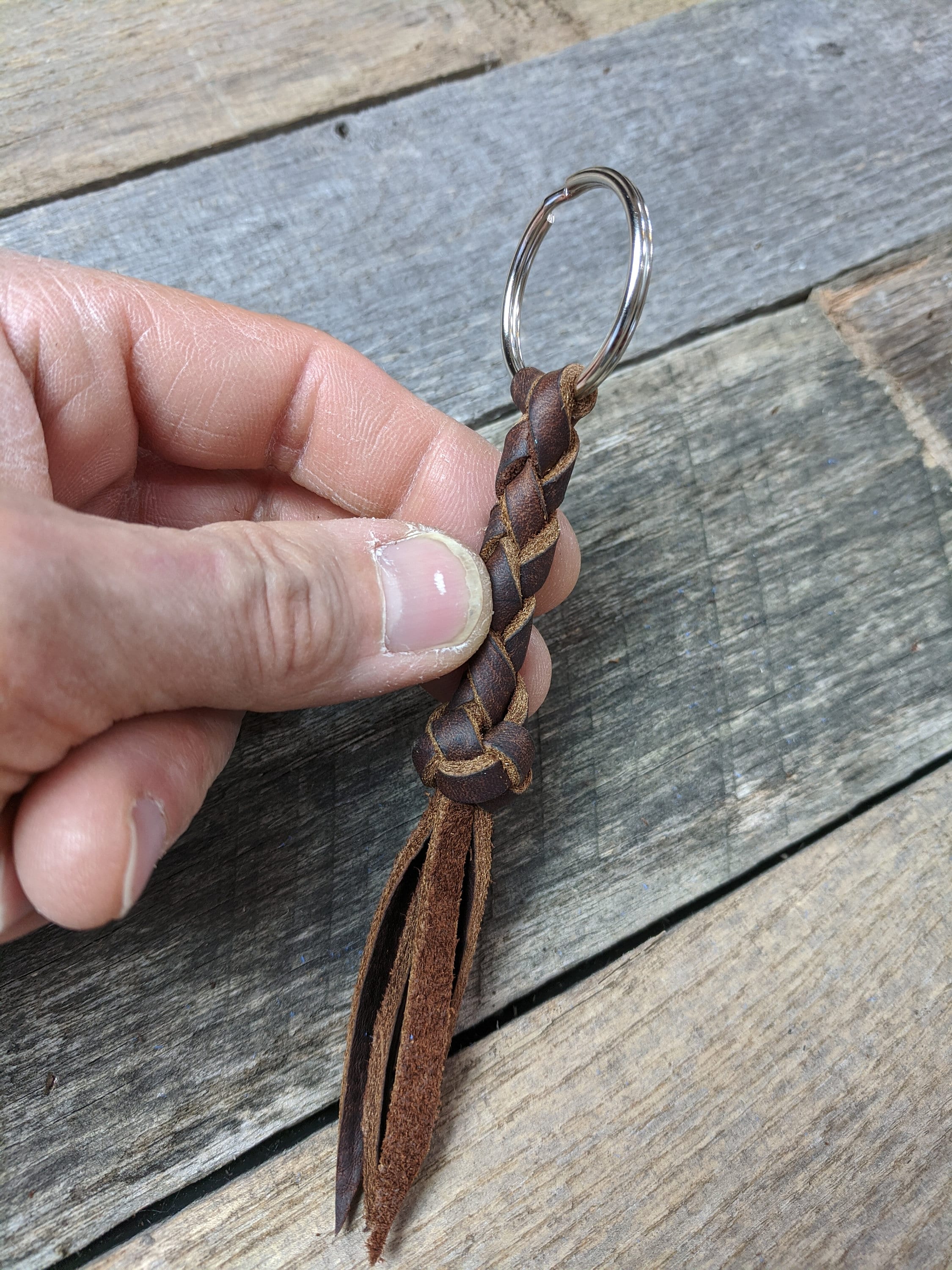 Brown Braided Leather Keychain Round Braid with Turk's Head Knot Key Fob