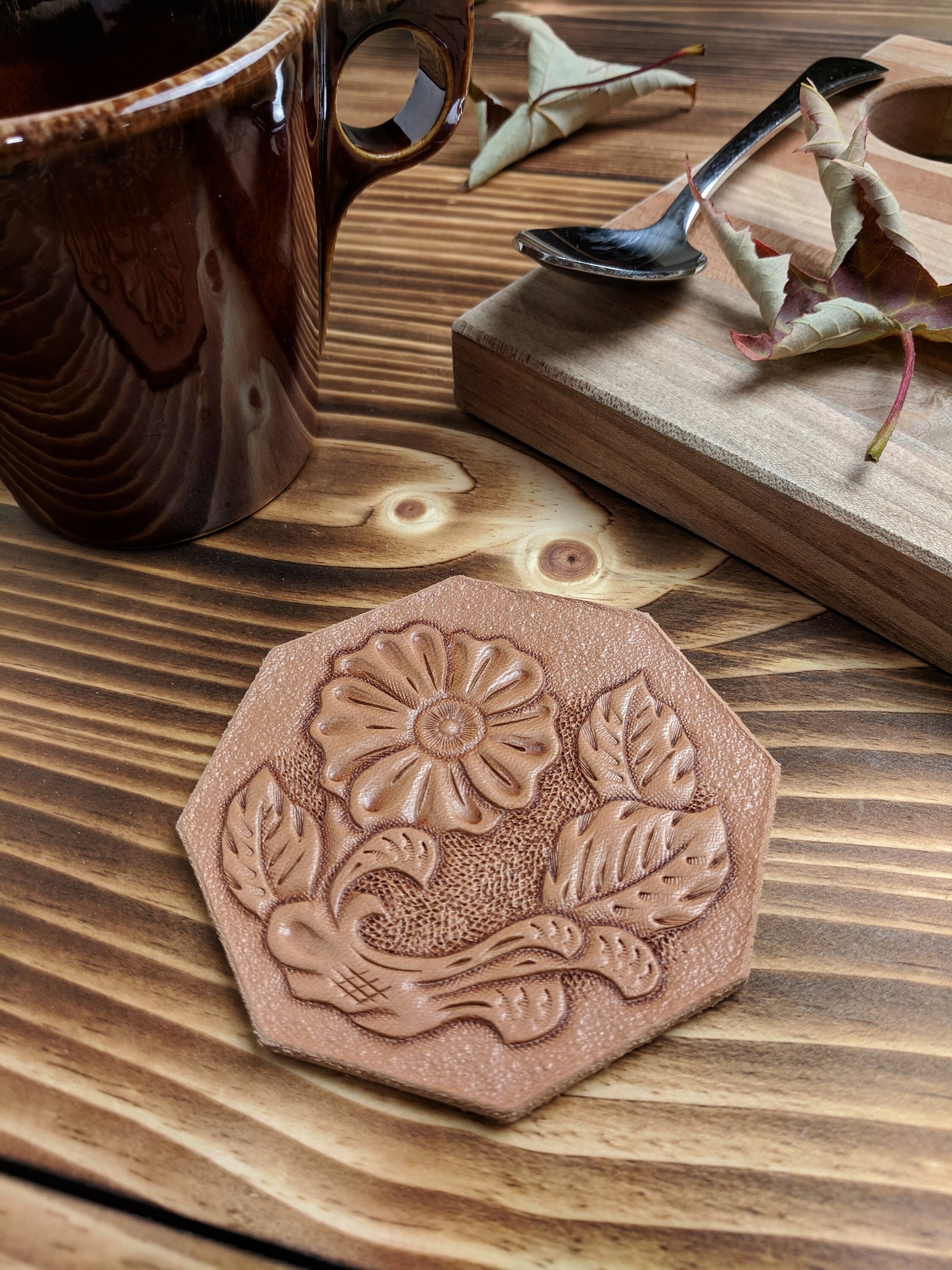 Hand Tooled Leather Coffee Coaster with Western Flower and Leaf Design