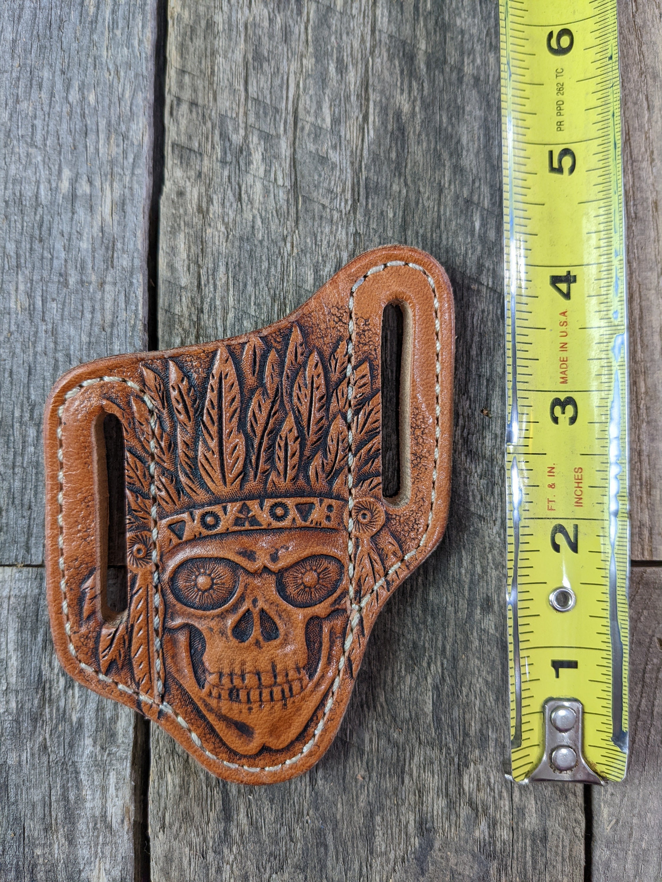 Tooled Leather Knife Sheath with Skull Design for Trapper Style Folding