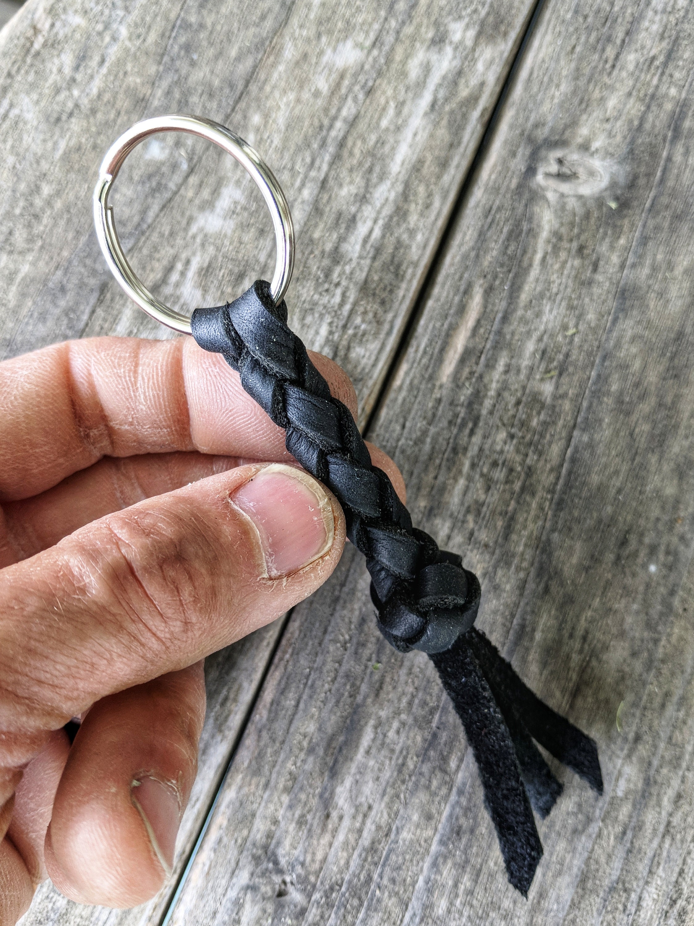 Black Braided Leather Keychain Round Braid with Turk's Head Knot Key Fob