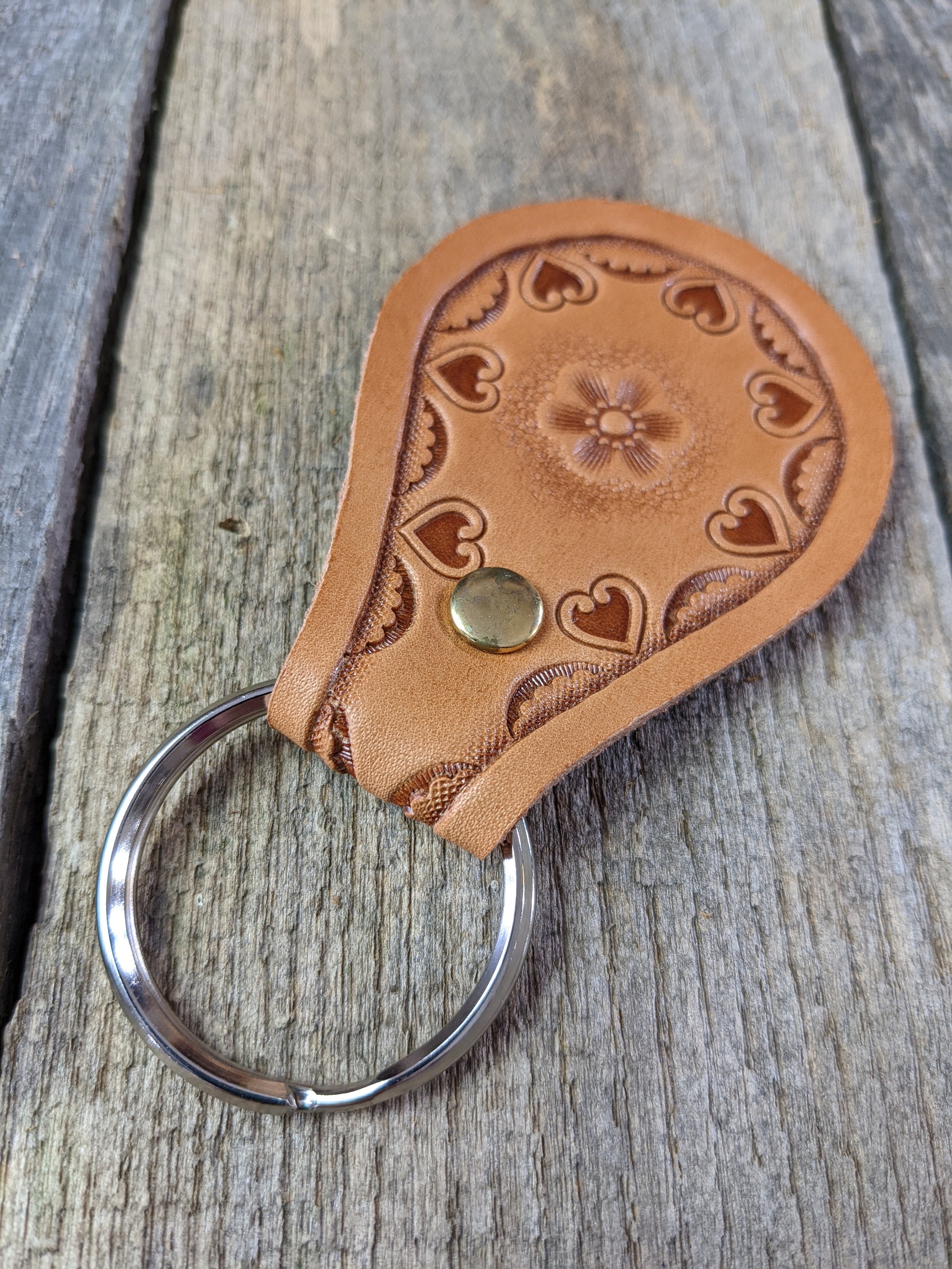 Stamped Leather Keychain With Flower Center and Heart Border Etsy