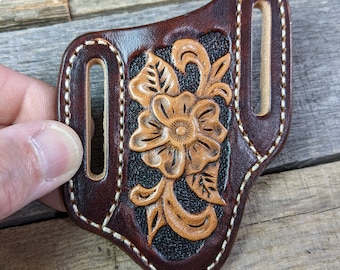 Tooled Leather Knife Sheath with Western Flower Design for Trapper Style Folding Pocket Knife