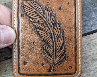 Hand Tooled Leather Front Pocket Wallet with Feather Design, Slim Wallet, Mens Leather Wallet