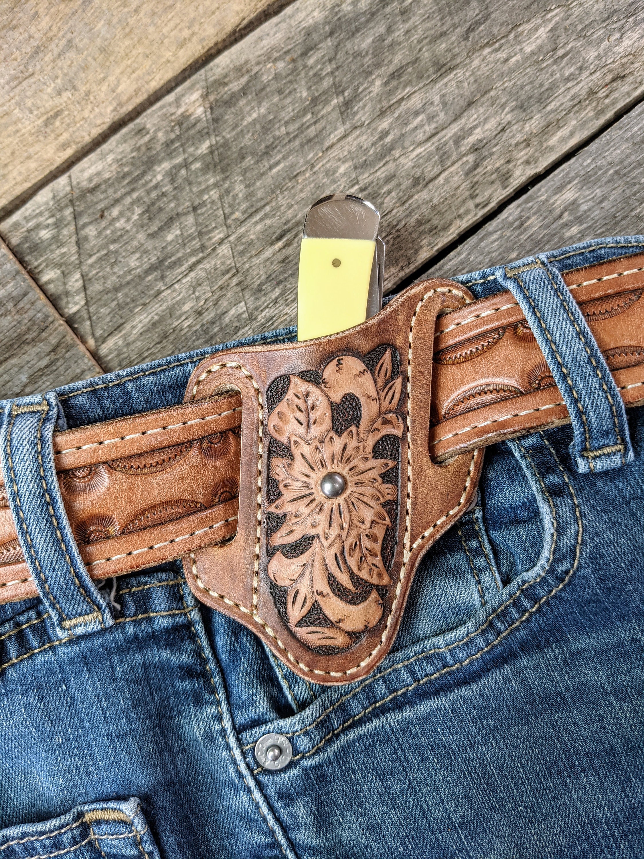 Leather Pocket Knife Sheath with Western Flower Design and Antique Spot