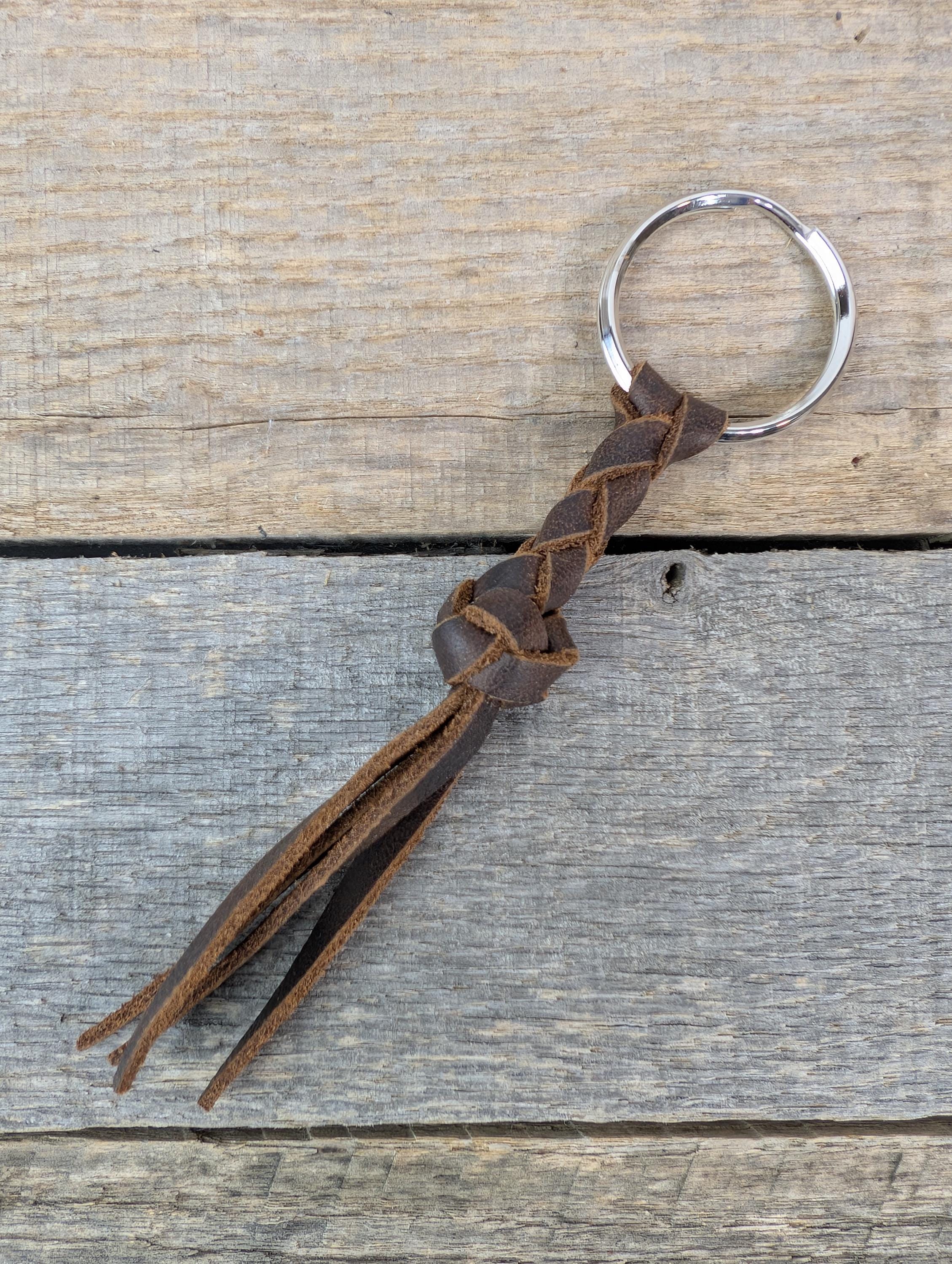Brown Braided Leather Keychain Round Braid With Turk's Head Knot
