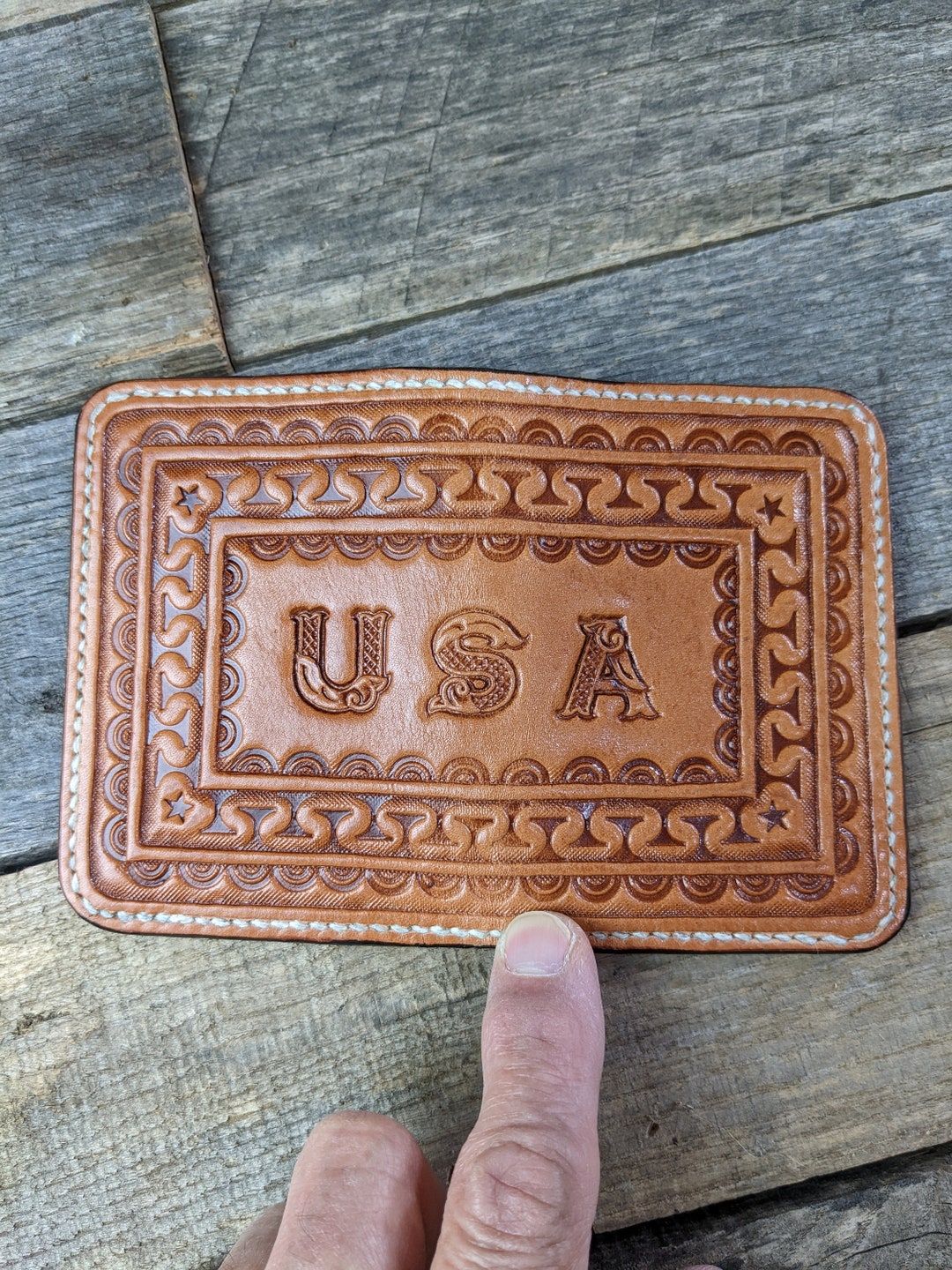Tooled Leather Mini Bifold Wallet For Cards ID With USA Western Border tooled-leather-mini-bifold-wallet-for-cards-id-with-usa-western-border