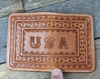Tooled Leather Mini Bifold Wallet for Cards ID with USA Western Border Design