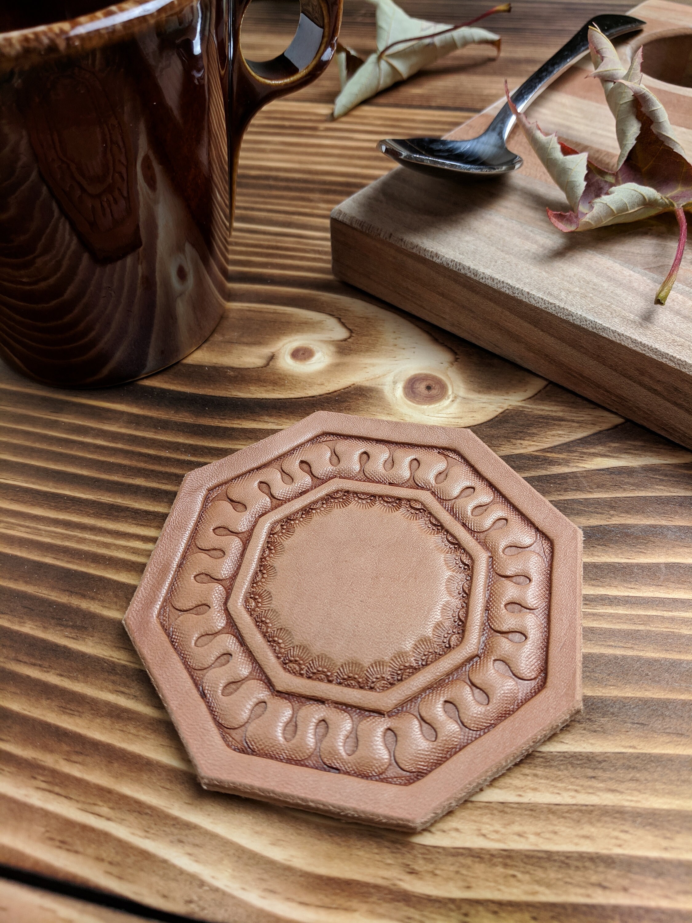 Hand Tooled Leather Coffee Coaster with Western Border Design