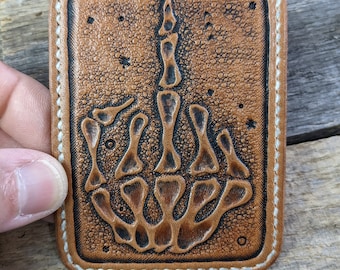 Hand Tooled Leather Front Pocket Wallet with Middle Finger Design, Slim Wallet, Mens Leather Wallet