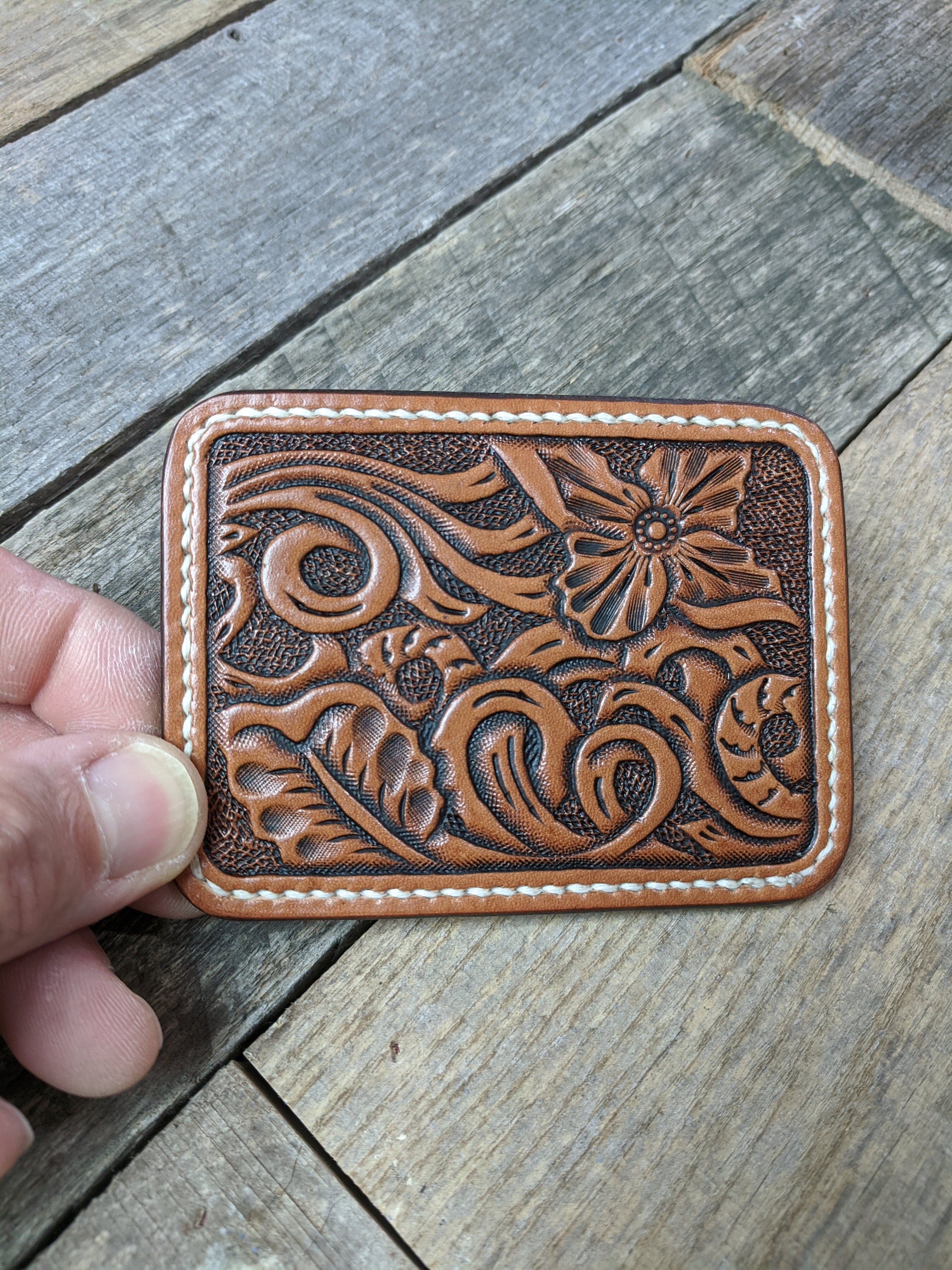 Hand Tooled Leather Front Pocket Wallet with Western Flower Art, Slim