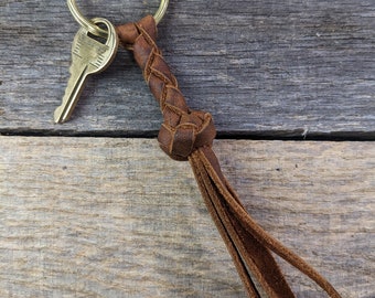 Brown Braided Leather Keychain Round Braid with Gold Plated Keyring Key Fob