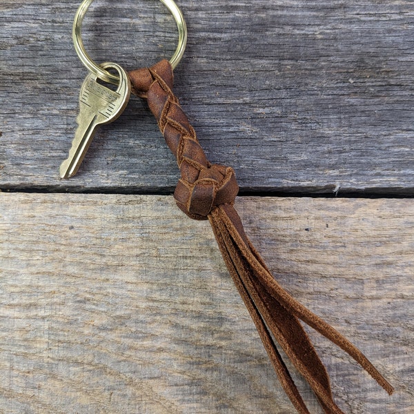 Brown Braided Leather Keychain Round Braid with Gold Plated Keyring Key Fob