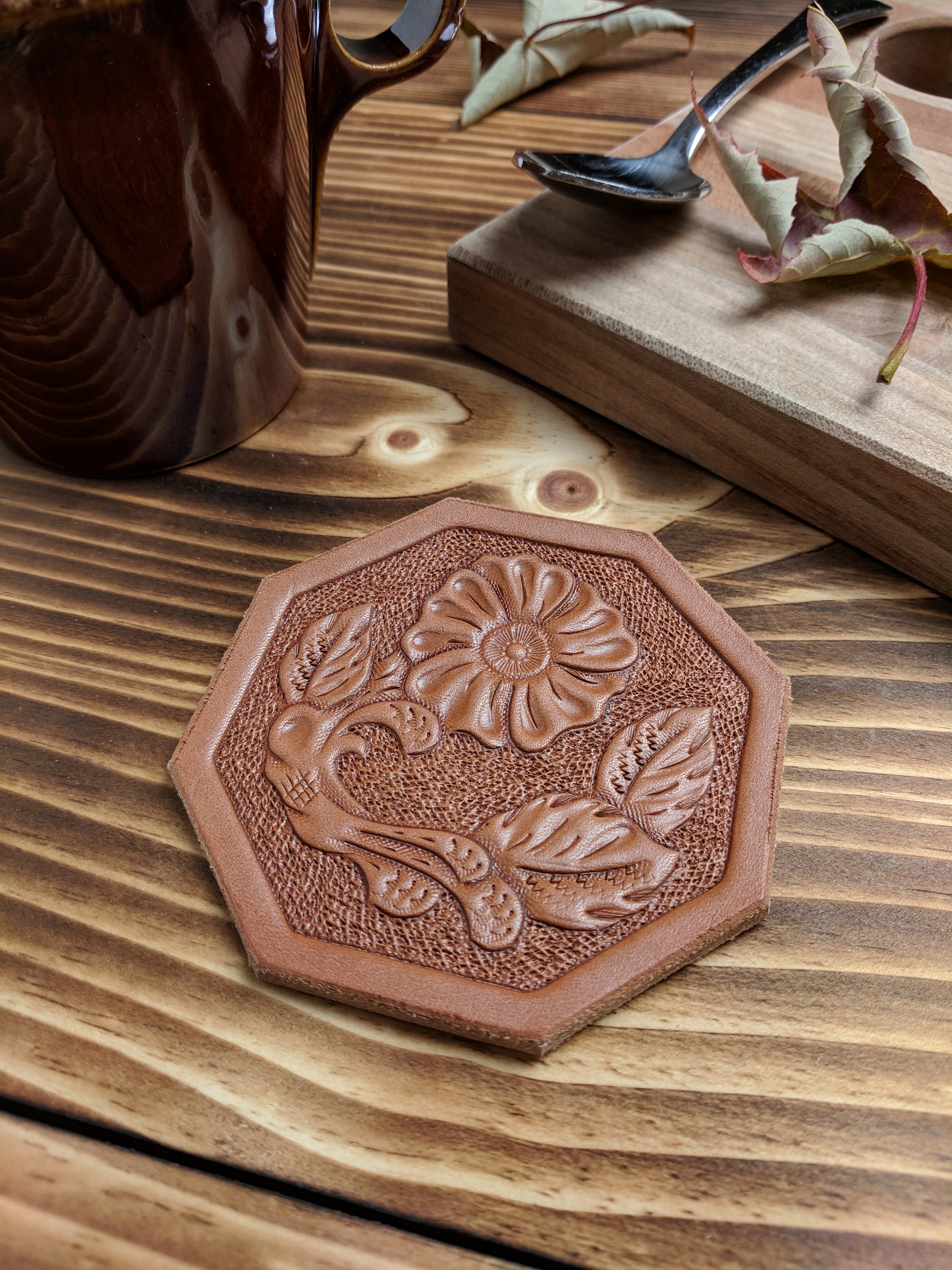 Hand Tooled Leather Coffee Coaster with Western Flower and Leaf Design