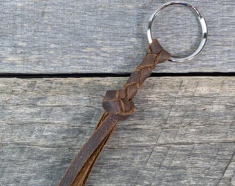 Brown Braided Leather Keychain Round Braid with Turk's Head Knot Key Fob