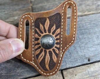 Leather Pocket Knife Sheath with Indian Head Nickel Concho and Sun Design