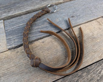 Long Brown Braided Leather Keychain Round Braid with Turk's Head Knot Key Fob
