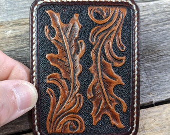 Hand Tooled Leather Front Pocket Wallet with Western Oak Leaf Design, Slim Wallet, Mens Leather Wallet