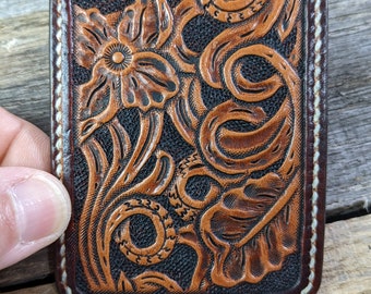 Hand Tooled Leather Front Pocket Wallet with Western Floral Design, Slim Wallet, Mens Leather Wallet