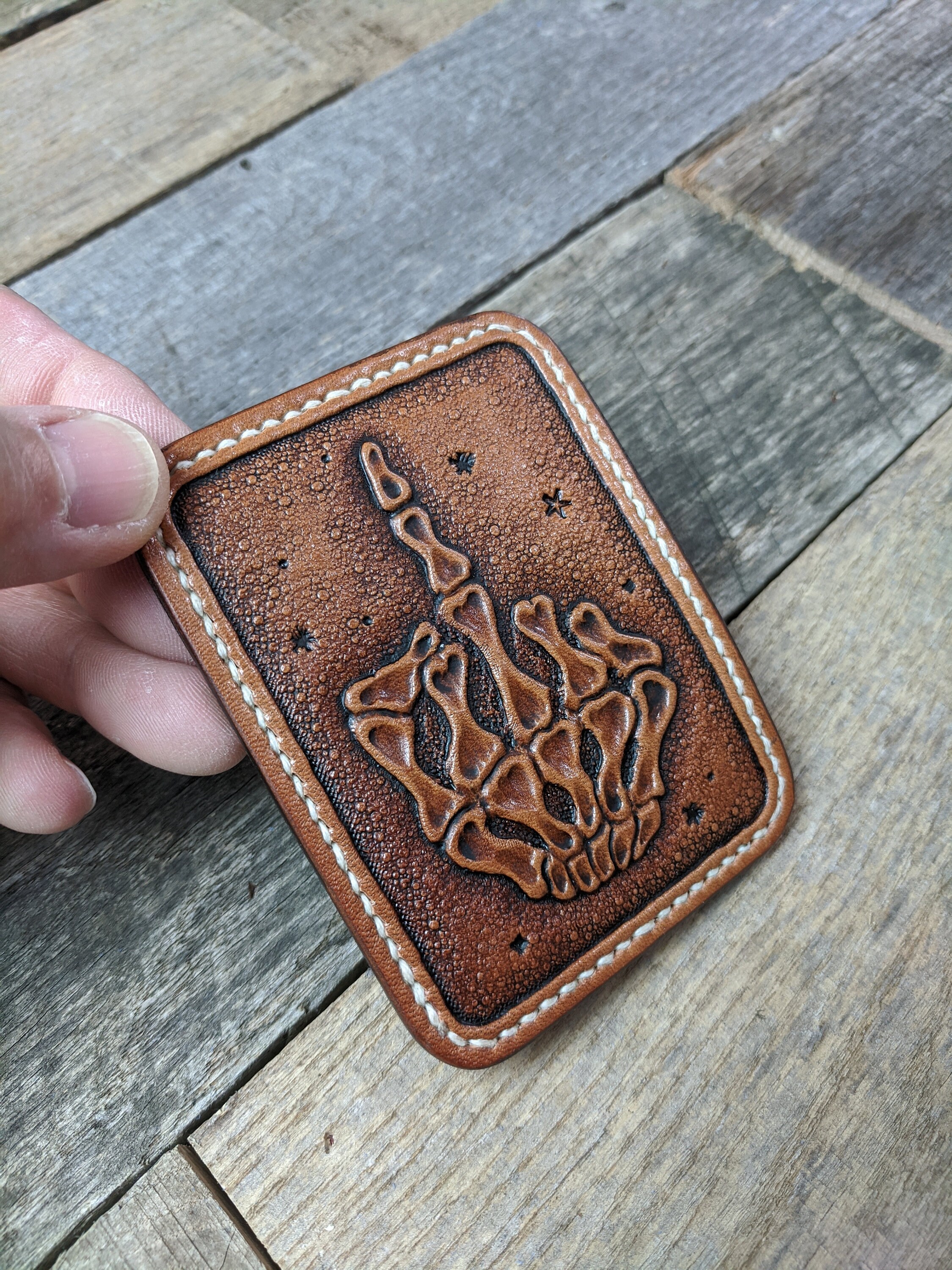 Hand Tooled Leather Front Pocket Wallet With Middle Finger Design Slim 