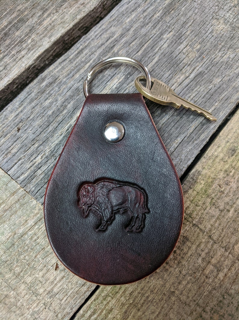 Leather Keychain With Buffalo Side Stamp Leather Key Fob Etsy