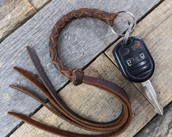 Long Brown Braided Leather Keychain Round Braid with Turk's Head Knot Key Fob