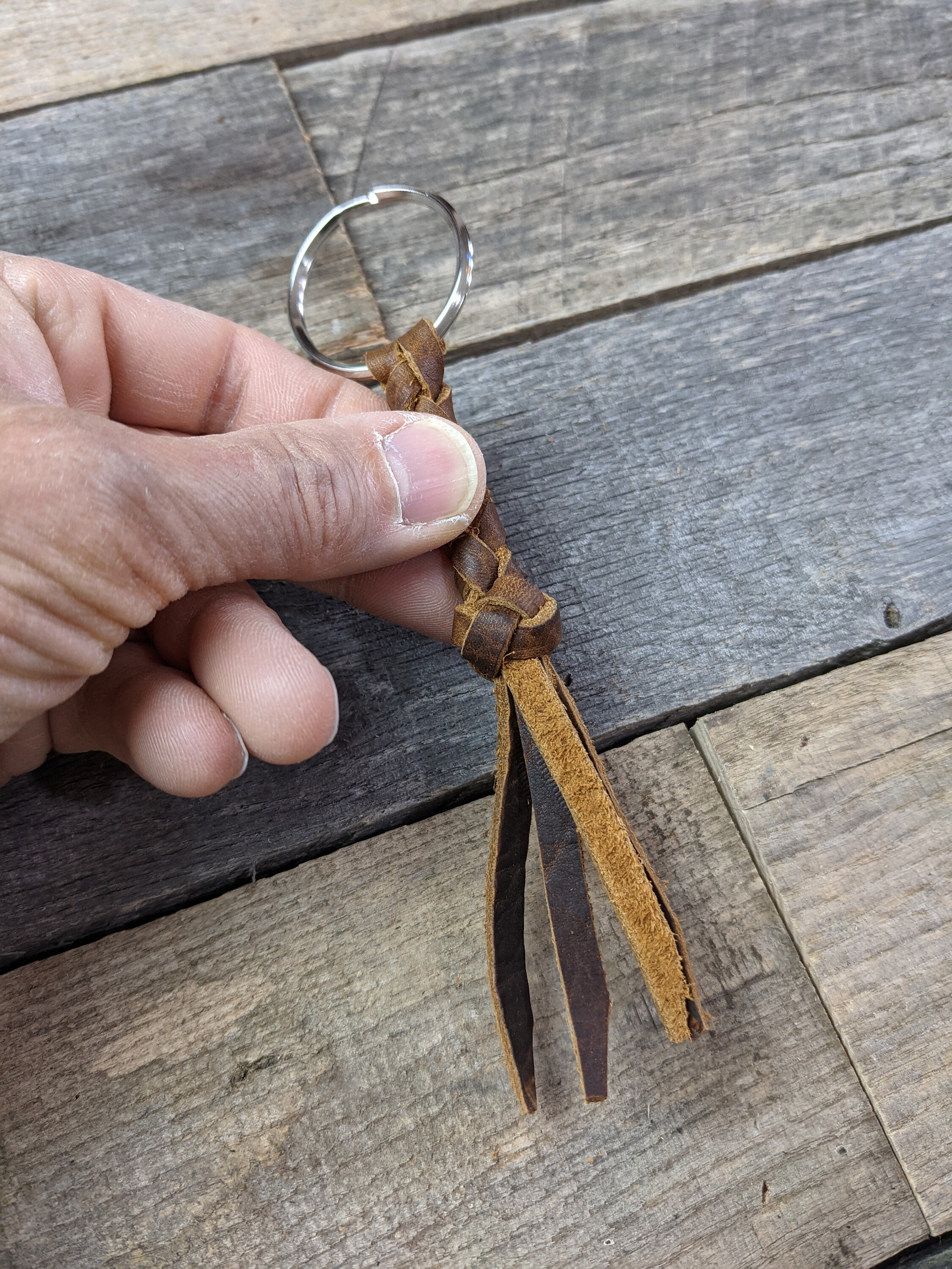 Brown Braided Leather Keychain Round Braid with Turk's Head Knot Key Fob