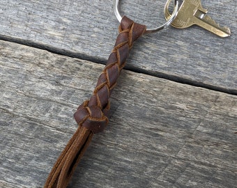 Brown Braided Leather Keychain Round Braid with Turk's Head Knot Key Fob