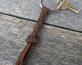 Brown Braided Leather Keychain Round Braid with Turk's Head Knot Key Fob