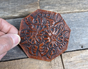 Hand Tooled Leather Coffee Coaster with Western Flower Design