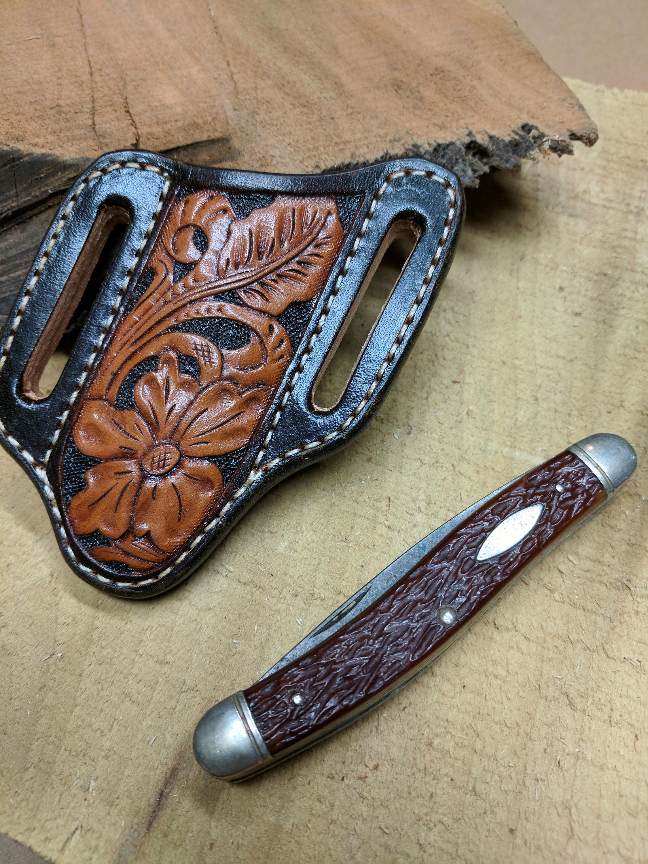 Hand Tooled Leather Knife Sheath With Western Flower And Leaf Design ...