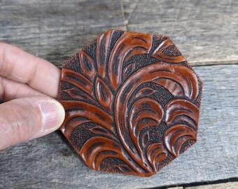 Hand Tooled Leather Coffee Coaster with Western Floral Design