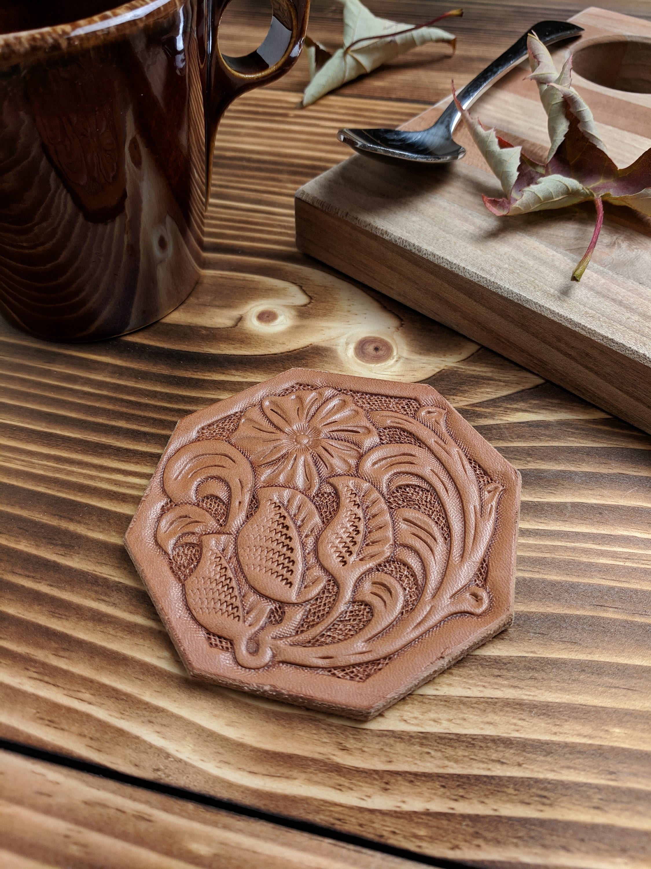 Hand Tooled Leather Coffee Coaster with Western Flower Leaf and Scroll