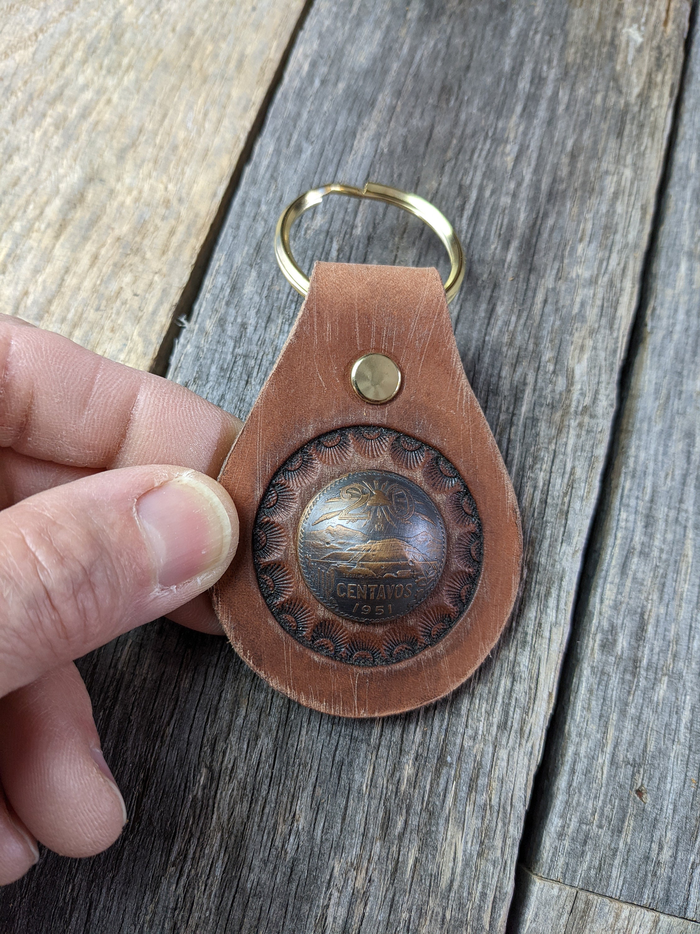 Tooled Leather Keychain with 1951 20 Centavos Mexican Coin Concho ...