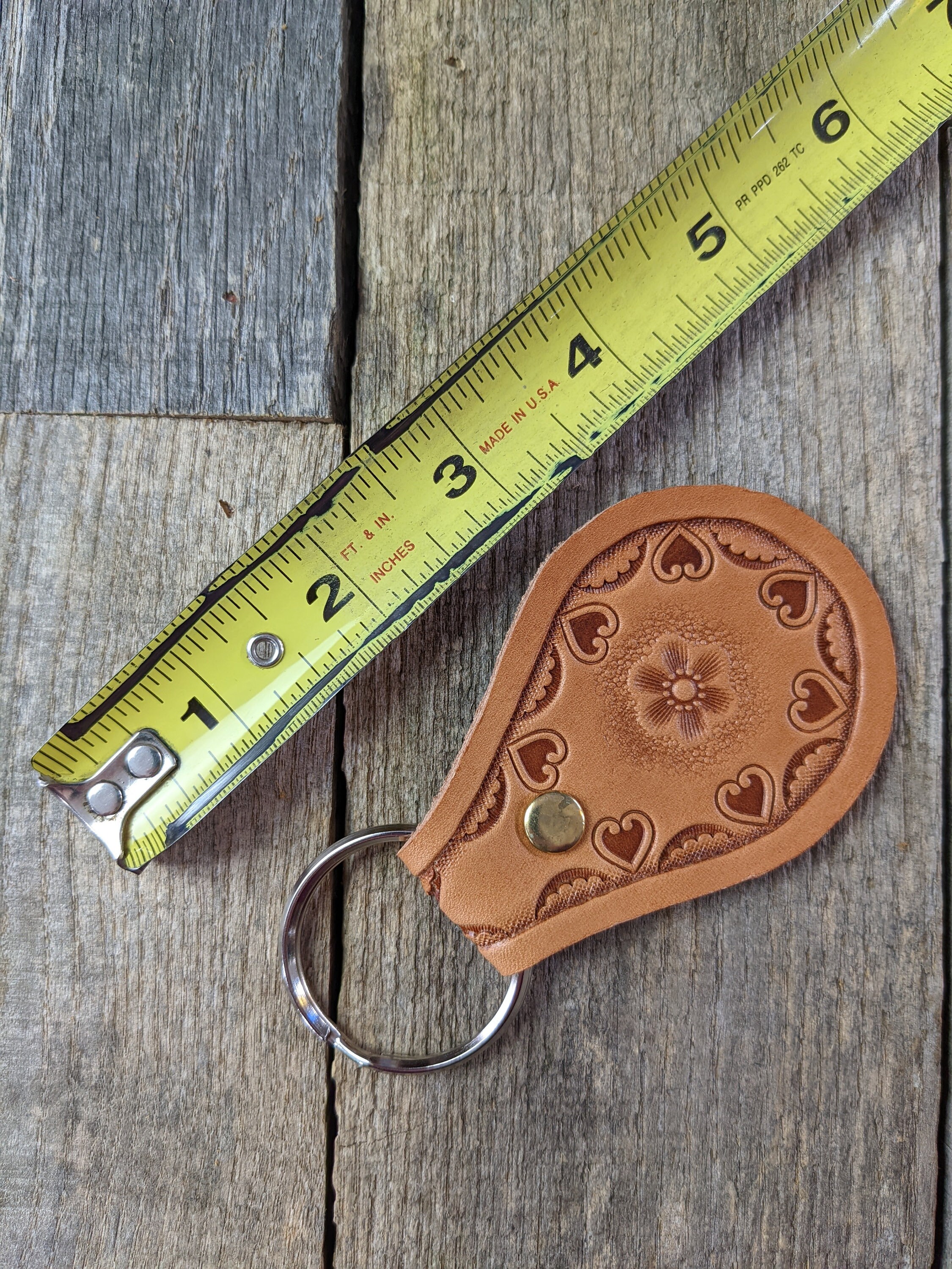 Stamped Leather Keychain With Flower Center and Heart Border Etsy