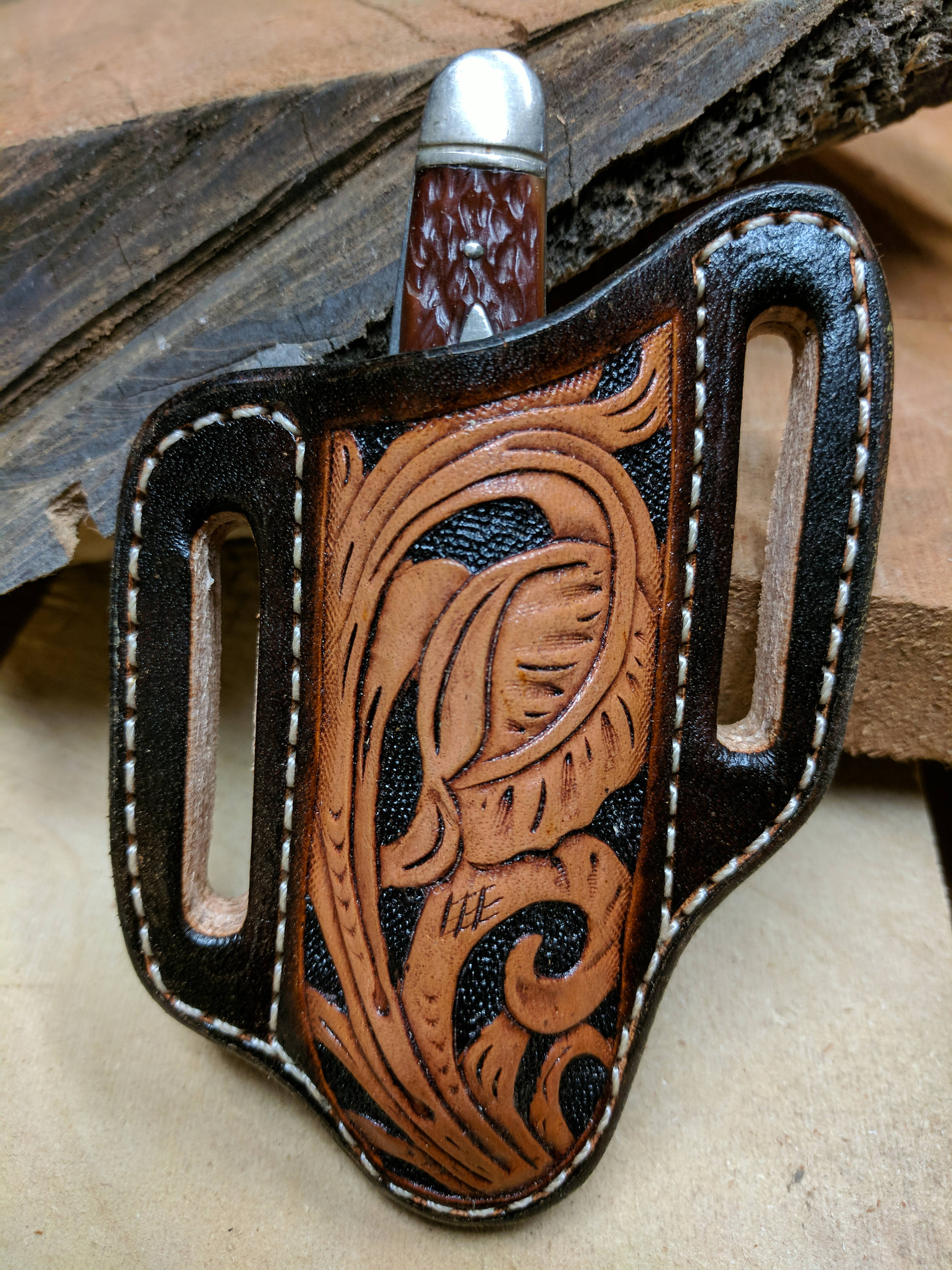 Hand Tooled Leather Knife Sheath with Western Leaf Art and Buffalo Stamp for Pocket Knife