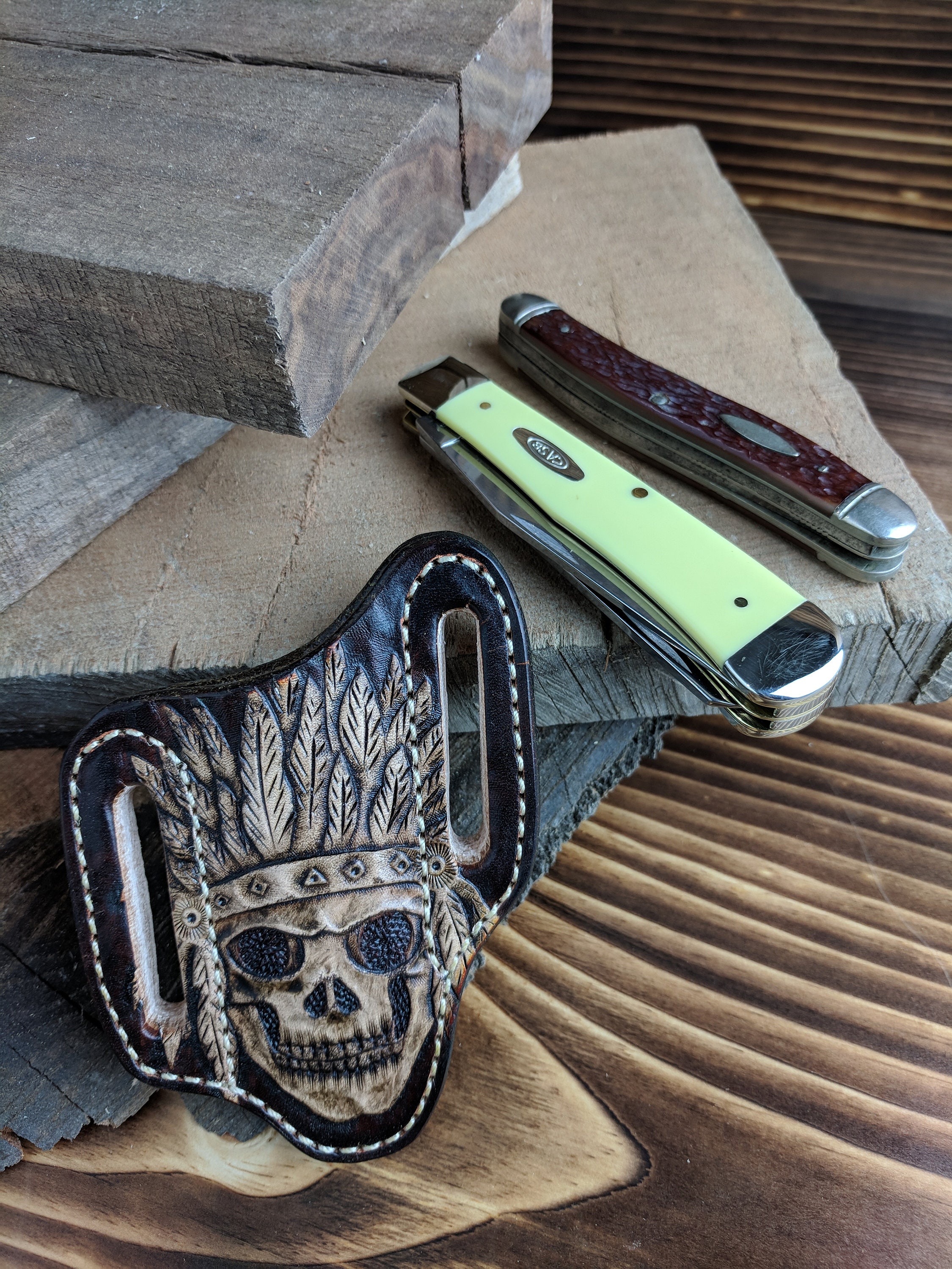 Hand Tooled Leather Knife Sheath with Small Skull Design for Pocket Knife