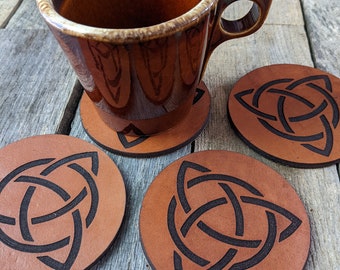 Leather Coaster Set of 4 Featuring Celtic Trinity Knot Design, Coffee Coasters, Beverage Coasters