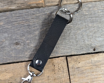 Black Leather Keychain with Swivel Clasp Nickel Plated Key Ring