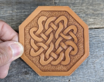 Hand Tooled Leather Coffee Coaster with Celtic Knot Design